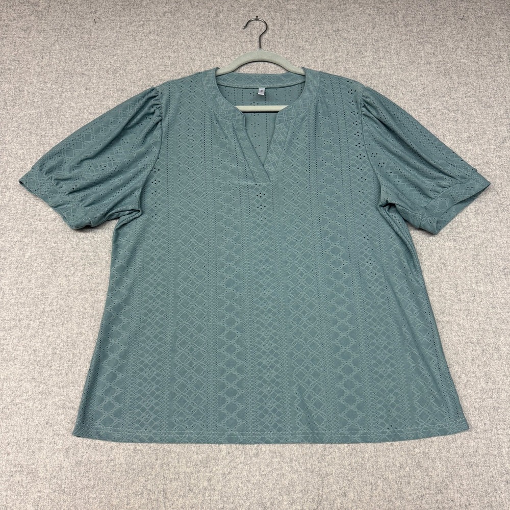 Dokotoo Blouse XL Blue Green Eyelet Puff Short Sleeve Split V-Neck Casual Top